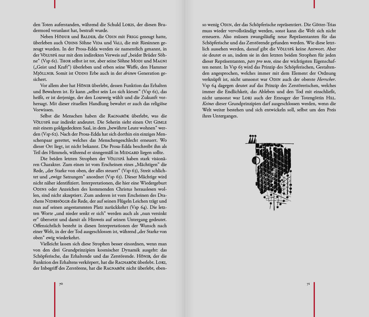 Buch Völuspa, Die Vision von Anfang und Ende, Seite 70 und 71 mit Illustration und Essay