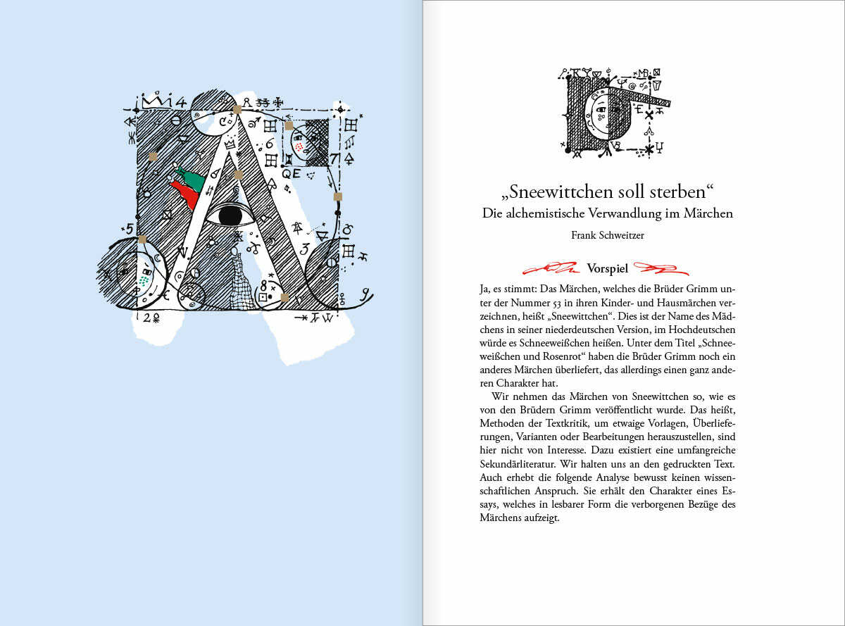 Buch Sneewittchen | Die alchemistische Verwandlung im Märchen, Seite 38 und 39 mit Illustration und Essay